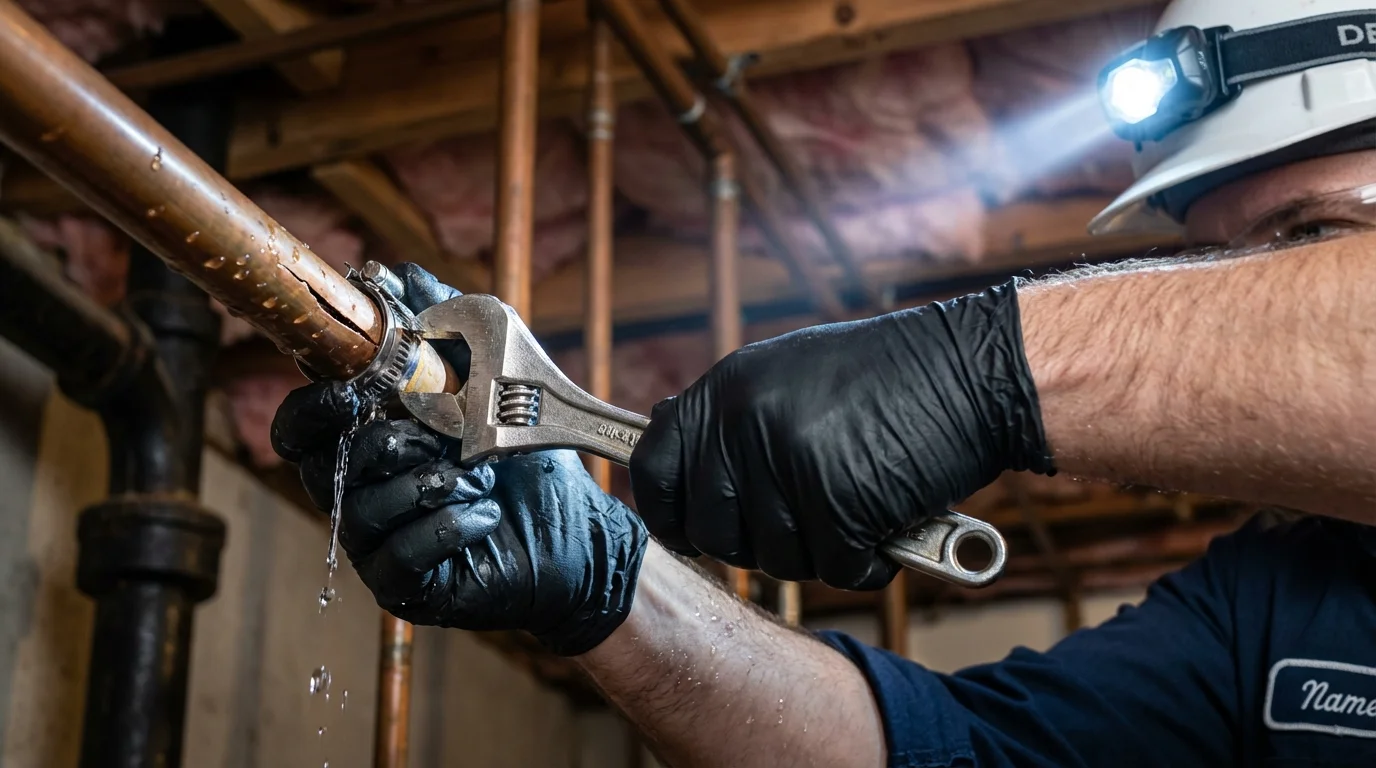 Emergency pipe clamp repair being performed by a Johns Plumbing LLC plumber in Seaside