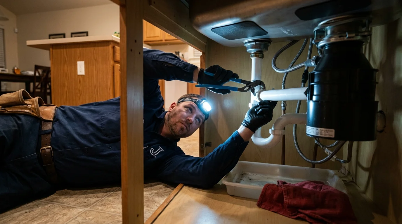P-trap and supply line connections under a kitchen sink showing a common leak point in Seaside, OR